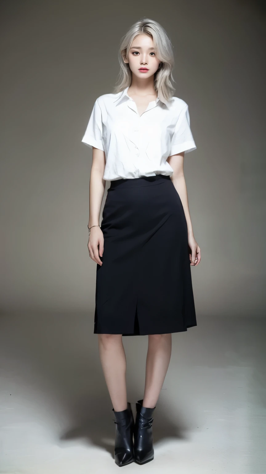 Silver-haired woman wearing white and black suit and black skirt, 1 lady, all alone, photoactual, realism, actual, Humanity