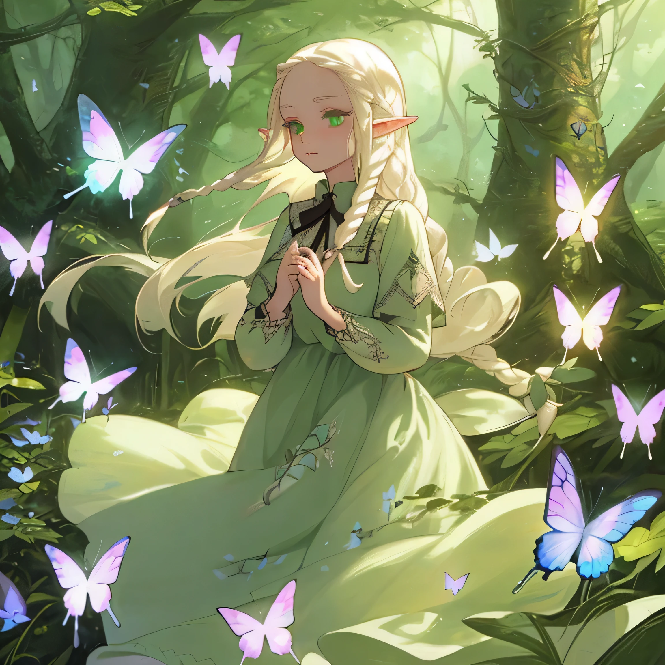 elf, Platinum blonde, long or braided hair, green eyes, Gentle Eyes, butterflies, Embroidered blouse and skirt or dress, Natural scenery