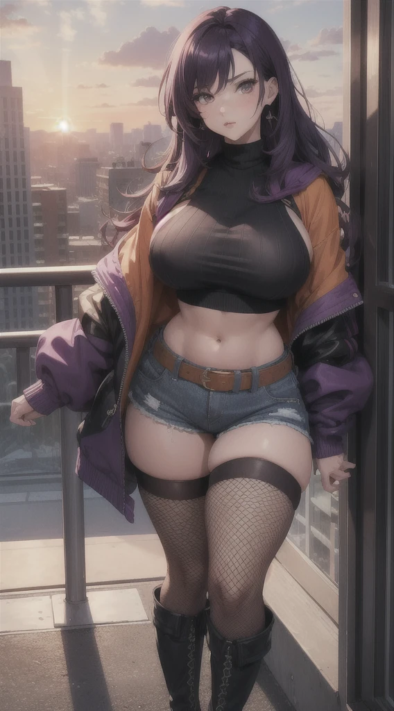 (masterpiece), high-definition, vibrant colors, girl, big boobs, big hips, pouty lips, messy dark purple hair, orange eyes, crop top sweater, jacket, shorts, belt, thong, thigh high stockings, boots, fishnet, balcony, leaning on the railing, sunset