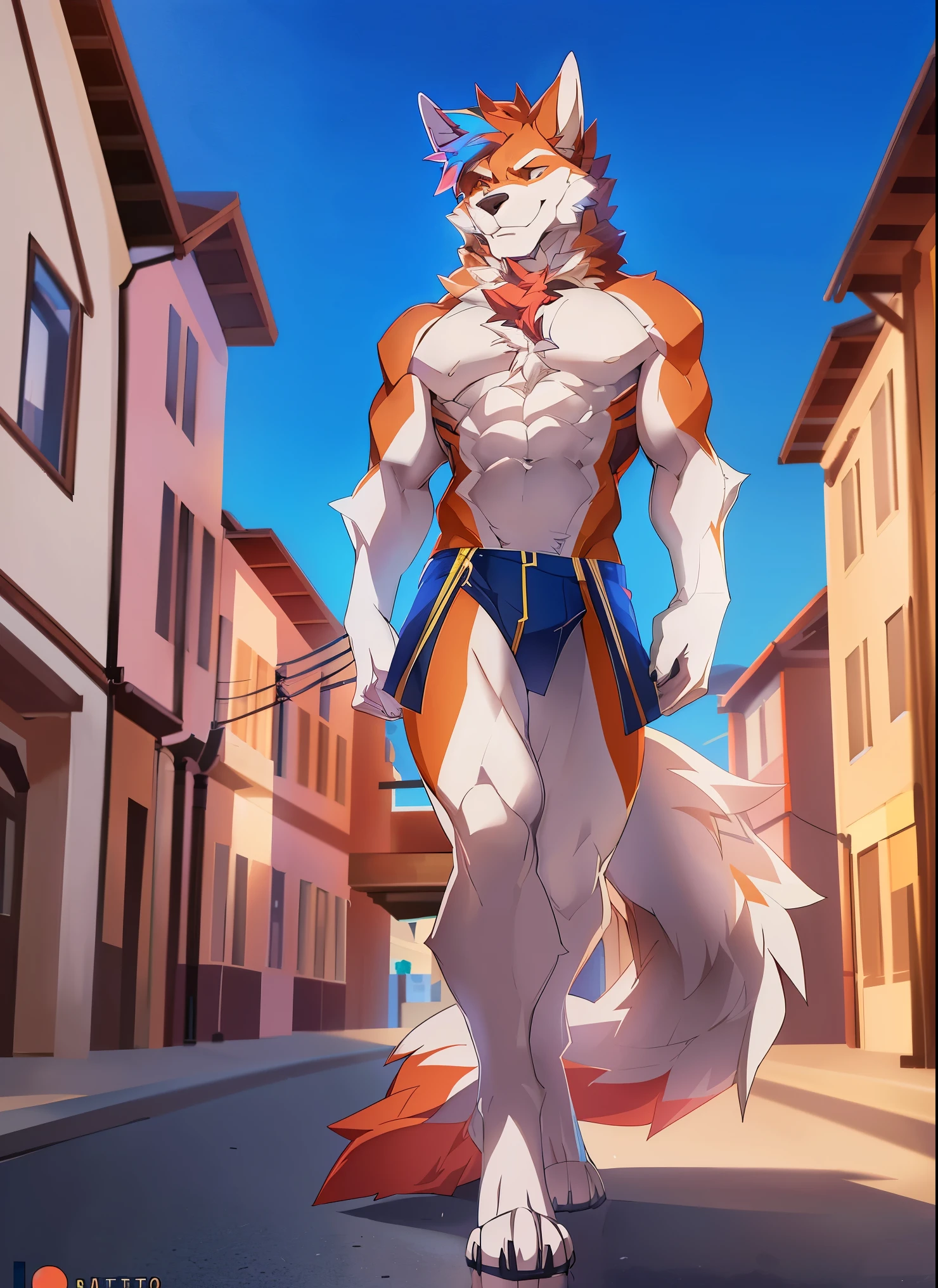 ((Solo)), male people, anthro wolf, (Multi-colored fur, White tail pointed), (Height 2.1 meters,Tail length 1.5m), Abs, pinginuscular, A long big tail, town, by patto, walking
