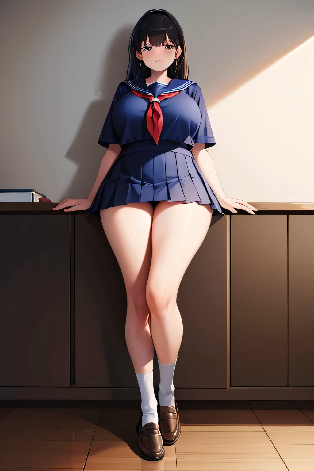 (8K, RAW photo, highest quality, masterpiece: 1.2),(messy brunette hair),17 year old Japanese woman with perfect body,beautiful face,((short sleeve, All dark blue cute sailor suit, dark blue pleated skirt, dark blue sailor color, Sailor Scarf, socks, brown loafers)),(huge breasts:1.4),school classroom,evening,cute pose