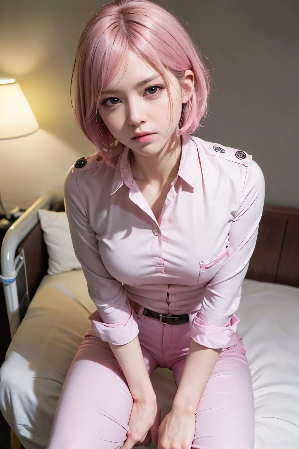 (8K, top-quality, masterpiece:1,2), (reallistic, Photorealsitic:1.37), Super Detail, One girl,), (Highly detailed), (beautifully detailed eyes), (of the highest quality), (super detailed ), (masterpiece), (Detailed face),20yr old, ,1 girl, full body, pink hair,Very short hair, medium breasts, clothed, Perfect Lighting, pussy and breast focus, looking at viewer, aroused face, naughty face, ((skin tight pink paramedic uniform, tight pants, hospital, hospital bed))