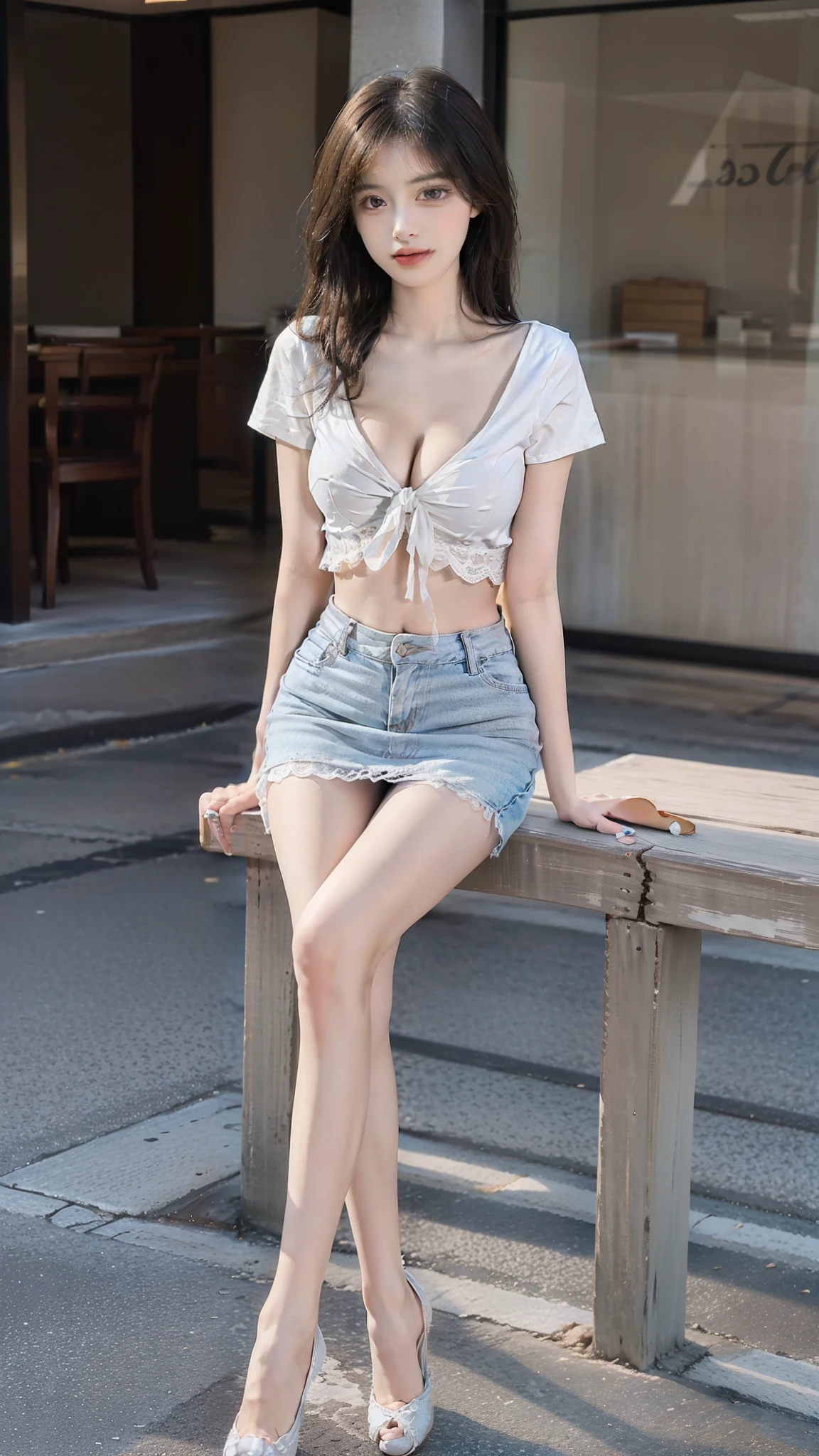 Special clothes44,lace trim,midriff,shirt,miniskirt, (best qualtiy),tmasterpiece,k hd,1girll,(Full body photo,sitting position), Nice face,(slim,Raised sexy),ssmile,hair adornments,(slender leg,Cross ed leg, show legs), Oriental ancient style,Beautiful age girl,Beautiful goddess,Detailed scenes, Eye-catching accessories, Picturesque, the detail,Hyper-detailed, Cinematic quality, (Beauty and aesthetics,big breasts beautiful)