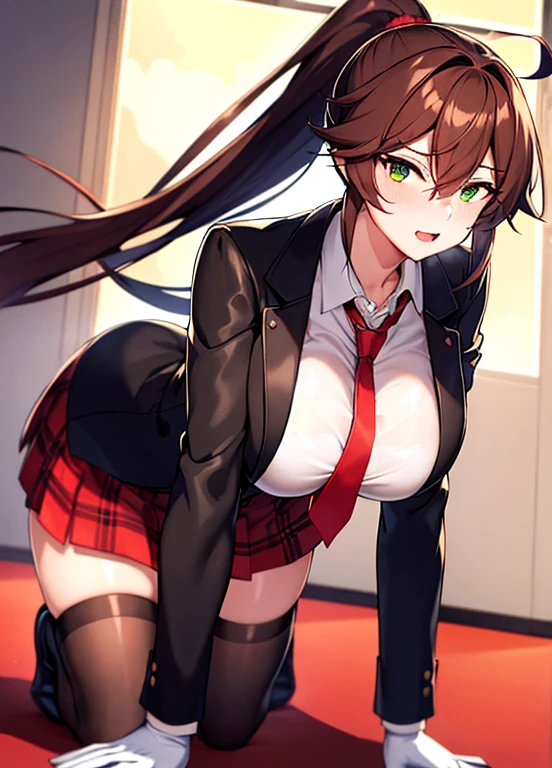 (crawl on all fours), masterpiece, highest quality, super detailed, illustrinion, warm lighting, bright colors, 1 girl,一人in, length hair, very length hair, office, office work,

action, Ahoge, 前hair, black_Jacket, green_eye, huge breasts, Brown_hair, Brown_vest, button, is open_mouth, collared_shirt, double breasted, dress_shirt, flower, gloves, hair_between_eye, hair_flower, hair_ornament, hair_that&#39;s all_eye, Jacket, light_particle, length_dispel, looking for_in_viewer, tie, Plaid, Plaid_skirt, pleined_skirt, ponytail, red_flower, red_tie, red_Rose, red_skirt, Rose, shirt, skirt, Thighhighs, vest, arms, white_shirt, red面, Extreme clothing, sweating, I can see through my clothes,