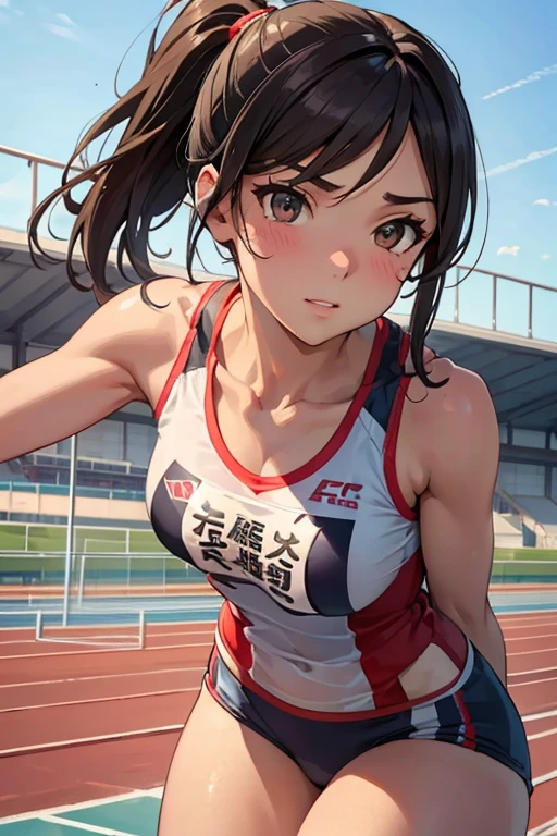 1 Beautiful ,dynamic angle,girl track and field athlete,small head,big breasts,meaty, at track and field ,(detailed beautiful face:1.4),detailed skin、Thigh emphasis