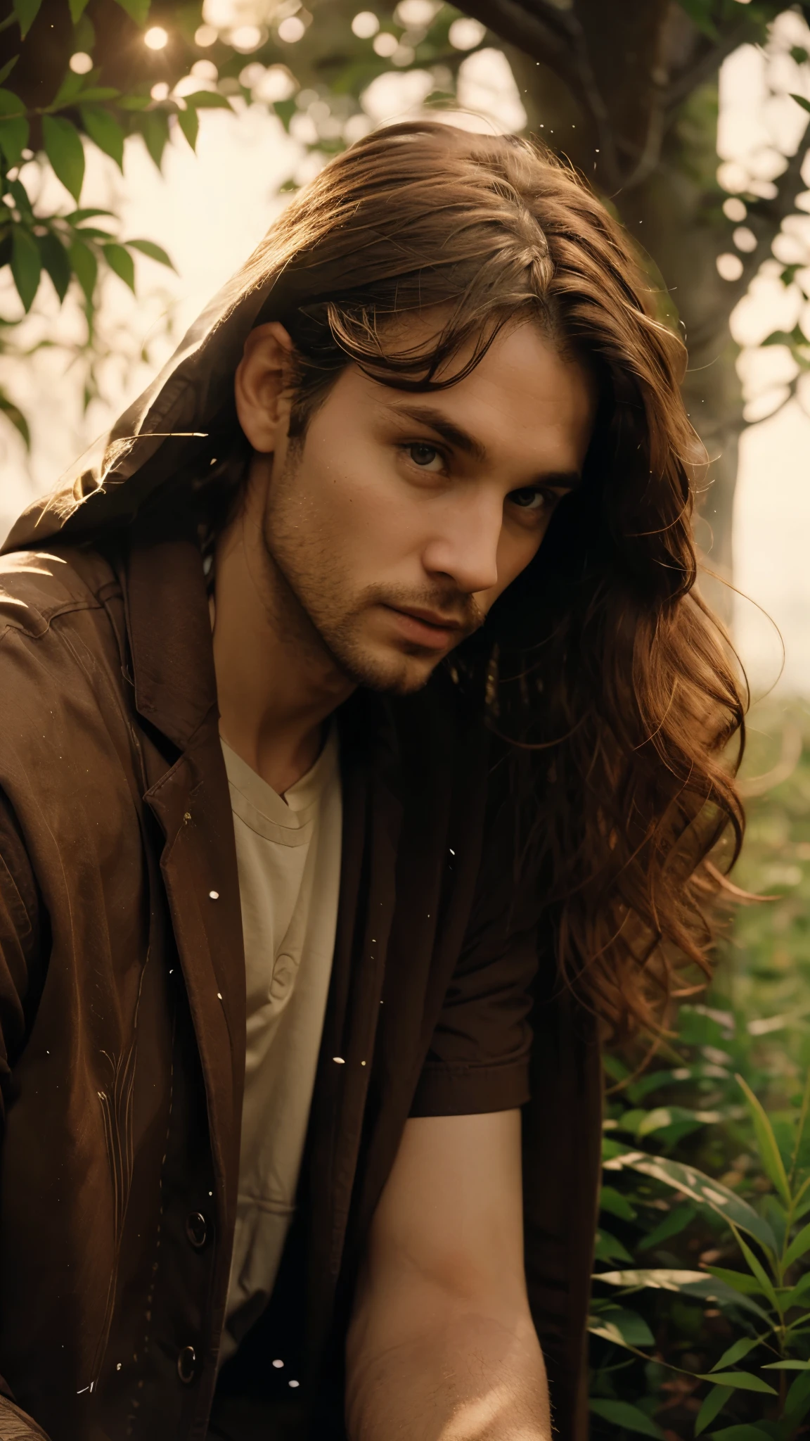 Redhead man with medium long curly hair, short beard and brown eyes 