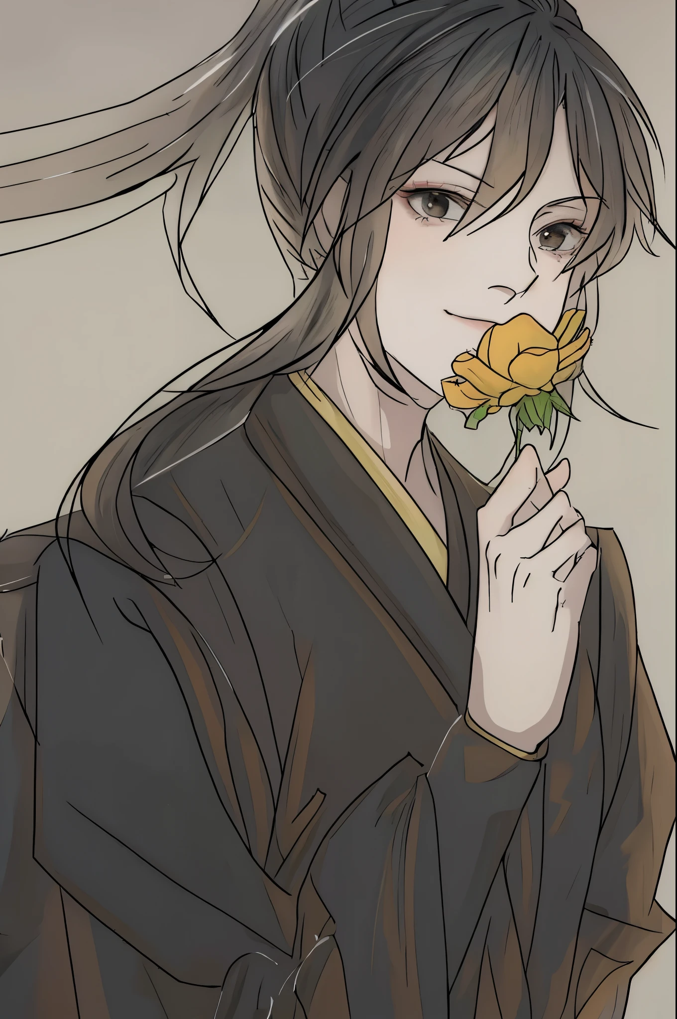 A picture of a man wearing Hanfu holding a rose in his hand, perfect line art, clean line art, clean anime outlines, line art, thick black line art, thick line art, intense line art, simple line art, beautiful line art, flowing hair and gown,daytime,Light-colored clothes,black hair,No gloves,outdoor background,daytime背景,Clean colors