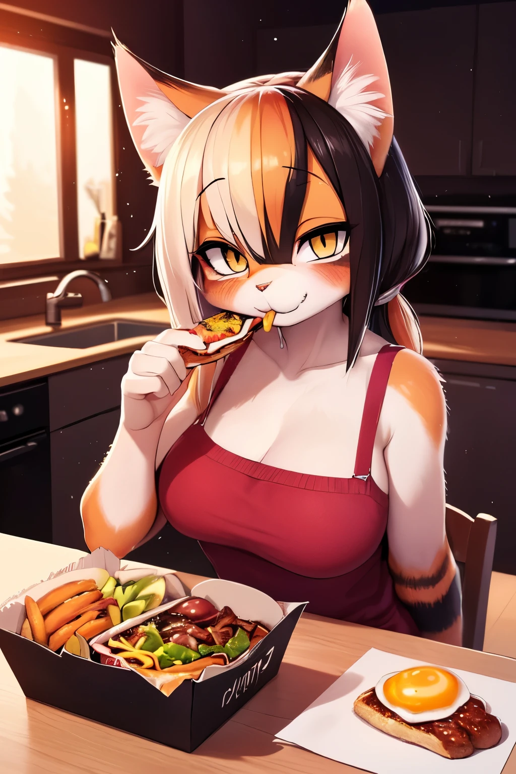 (masterpiece, best quality, HD:1.1), calico cat girl eating fast food, eyeliner, very severe bruises under the eyes, social phobia, yellow eyes, hairpin in the shape of a fried egg, multi colored fur, happy face when eating, casual clothing, house kitchen