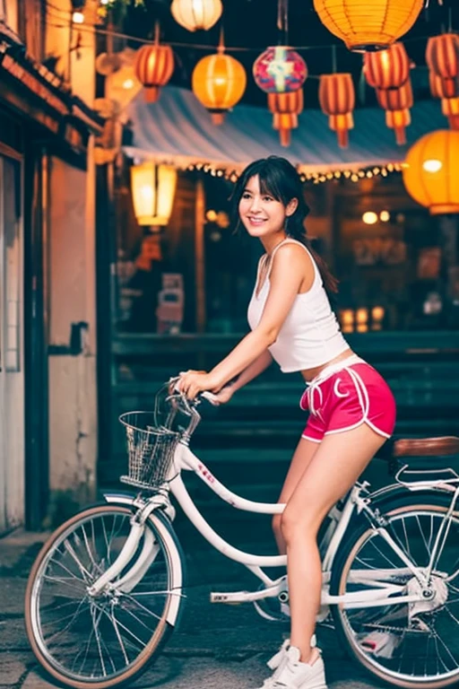 a girl rides a bicycle, dolphin shorts, a group of lanterns hanging from the side of a building, inspired by Goro Fujita, polycount contest winner, oriental scene, kawaii hq render, stunning atmosphere, japanese style painting