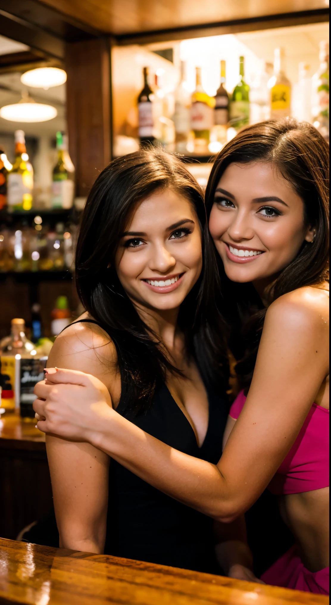 a beautiful woman with an incredibly sexy and statuesque body, huge breasts, hugging a man in a bar, realistic, photorealistic, 8k, ultra-detailed, masterpiece, intricate details, dramatic lighting, cinematic composition, vibrant colors, soft focus, dramatic chiaroscuro, romantic atmosphere