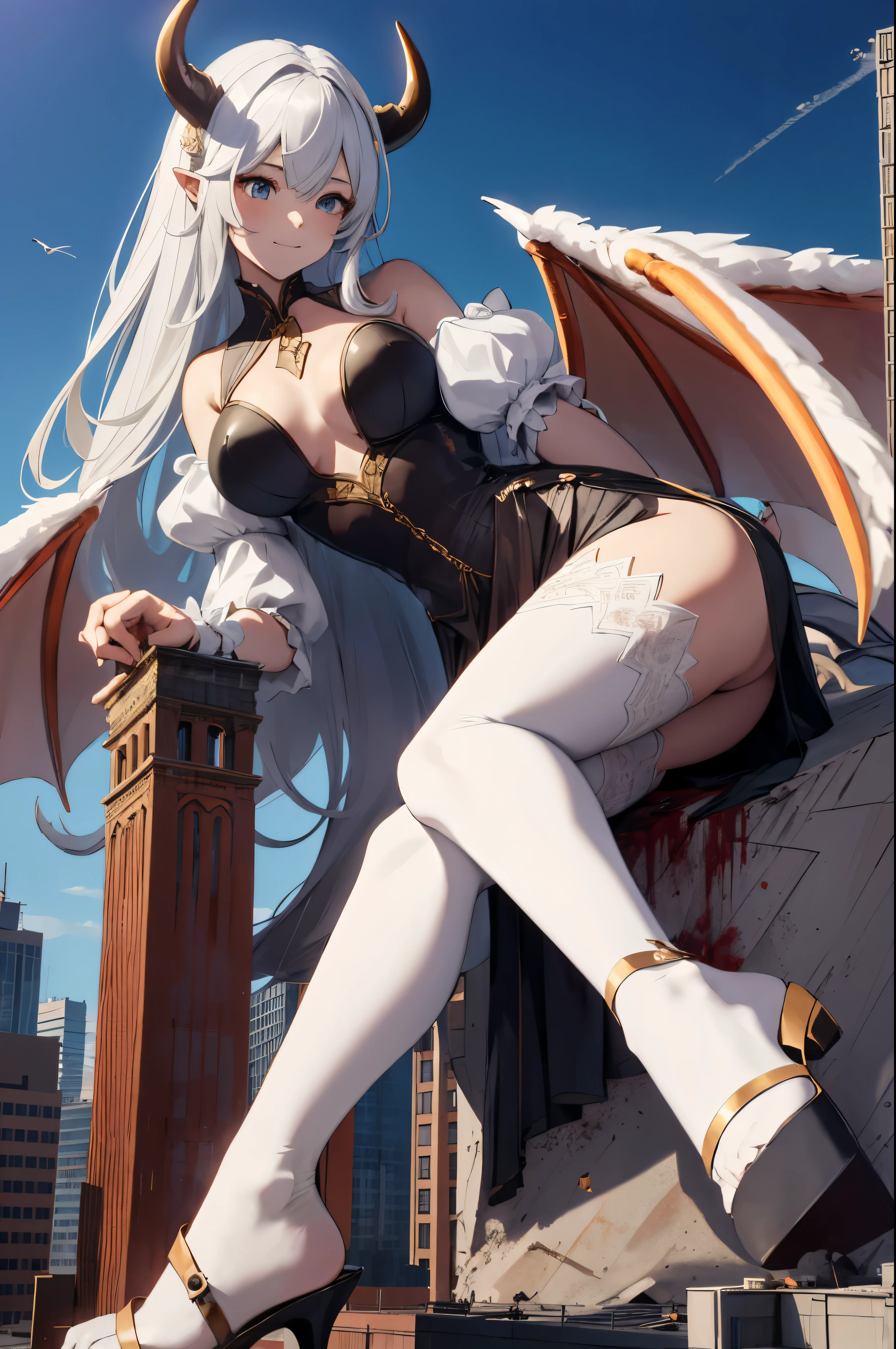 Aerial View,giant girl 50,000 feet high,Have a pair of long legs,Possessing a pair of huge demon wings,With huge devil horns on his head,Has waist-length white hair,loose hair,Wearing a pair of Mary Jane heels,white curly hair,lace gloves,lace pantyhose,蕾丝whole body,Standing upright on a tall building,城市到处是blood stains,Beautiful appearance,Exquisite makeup,quality,8k,高quality,(governor:1.5),Perfect proportion, Cinema lighting,film grain,Fuji colors,8k,textured skin,Super details,high detail,high resolution,explode,fake smile,blood stains,脚底有blood stains,whole body,Obese