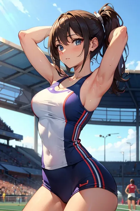 1 beautiful ,dynamic angle,girl track and field athlete,small head,big breasts,meaty, at track and field ,(detailed beautiful fa...