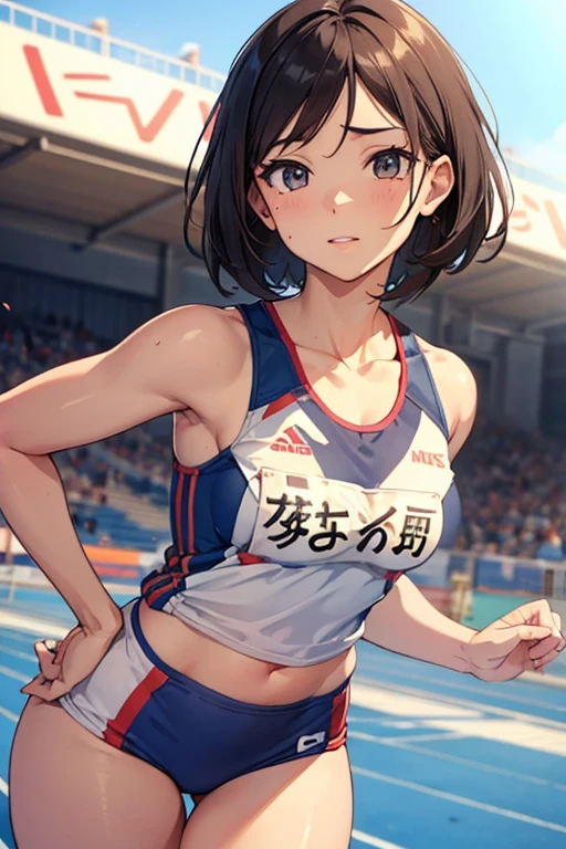 1 Beautiful ,dynamic angle,girl track and field athlete,small head,big breasts,meaty, at track and field ,(detailed beautiful face:1.4),detailed skin、Hip Emphasis