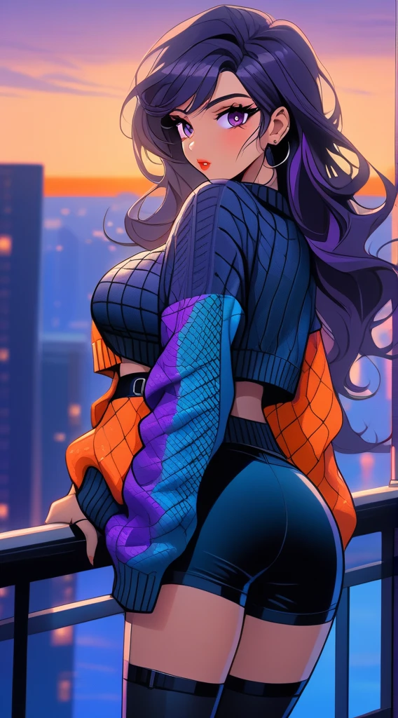 (masterpiece), high-definition, vibrant colors, korean girl, big boobs, big hips, messy dark purple hair, orange eyes, crop top sweater, jacket, shorts, belt, thong, thigh high stockings, boots, fishnet, balcony, leaning on the railing, sunset