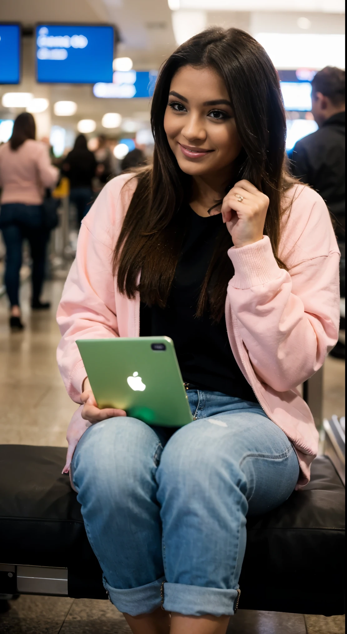 Beautiful Latina woman, at the airport waiting to board the plane, listening to music in her laptop, wearing black jeans, and pink hoodie 