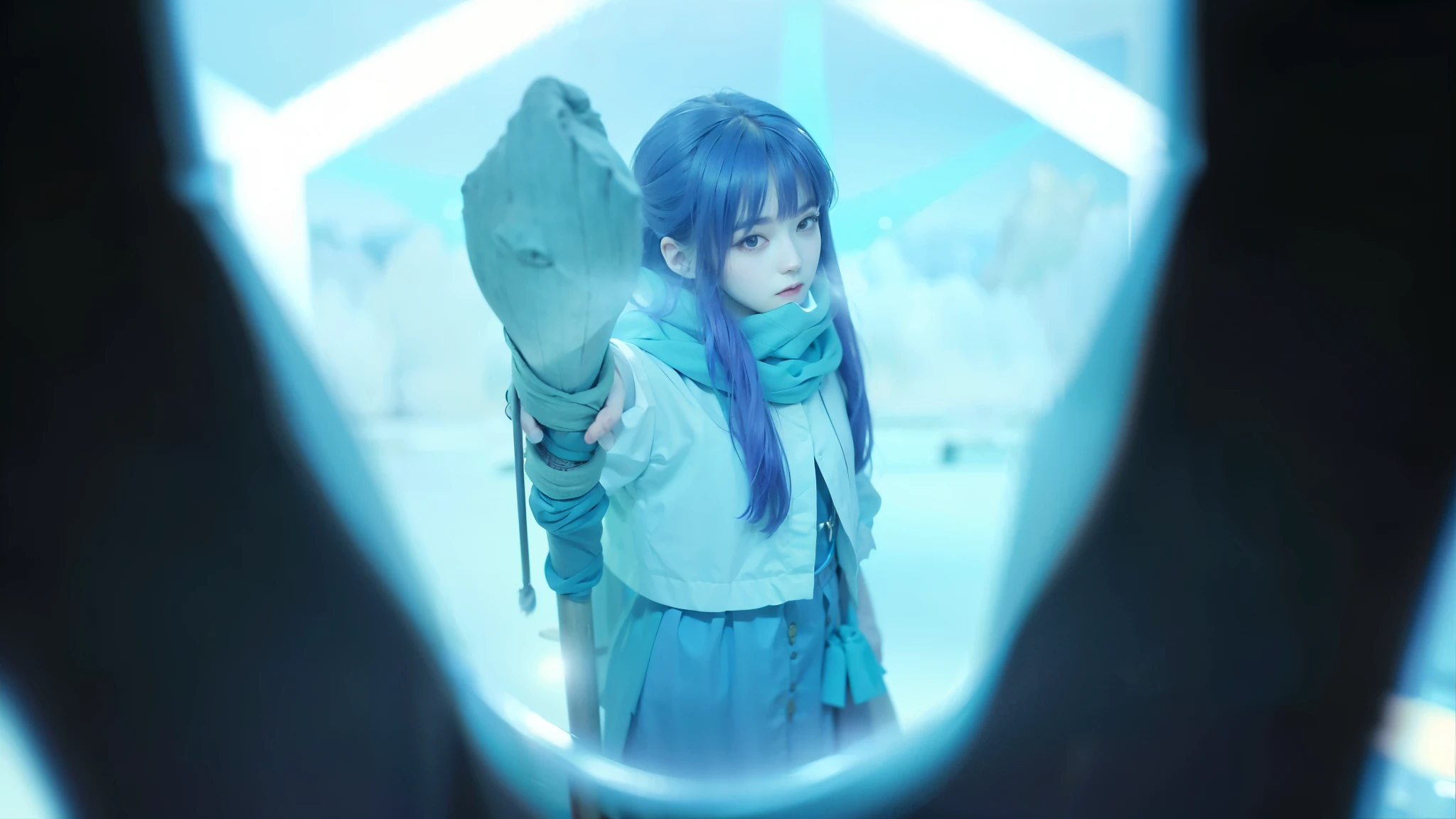 (high quality,4K,8K,High resolution,masterpiece:1.2),super detailed,(realistic,photorealistic,photo-realistic:1.37)、purple hair:1.2、Expressionless、wooden cane:1.2、Hold the cane、Scarf、surrounded by blue light、Shadow
