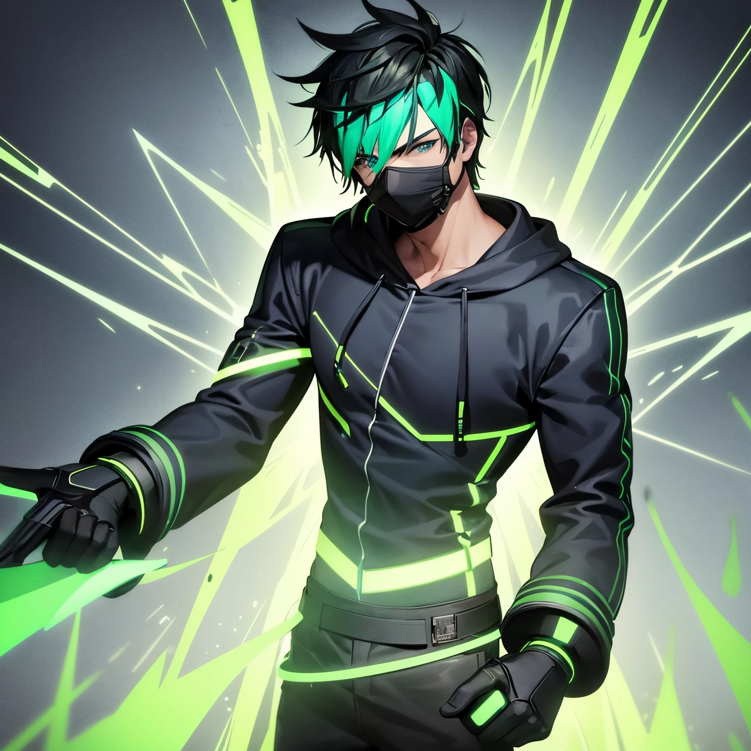 Blue Vr goggles, Black and neon green hoodie, Solo, Masterpiece, Man, Brown spiked hair, Looking at camera shot, Neon green pants, handsome, headphones on neck, Looking at camera shot, Black face mask, Green sound wave on mask,