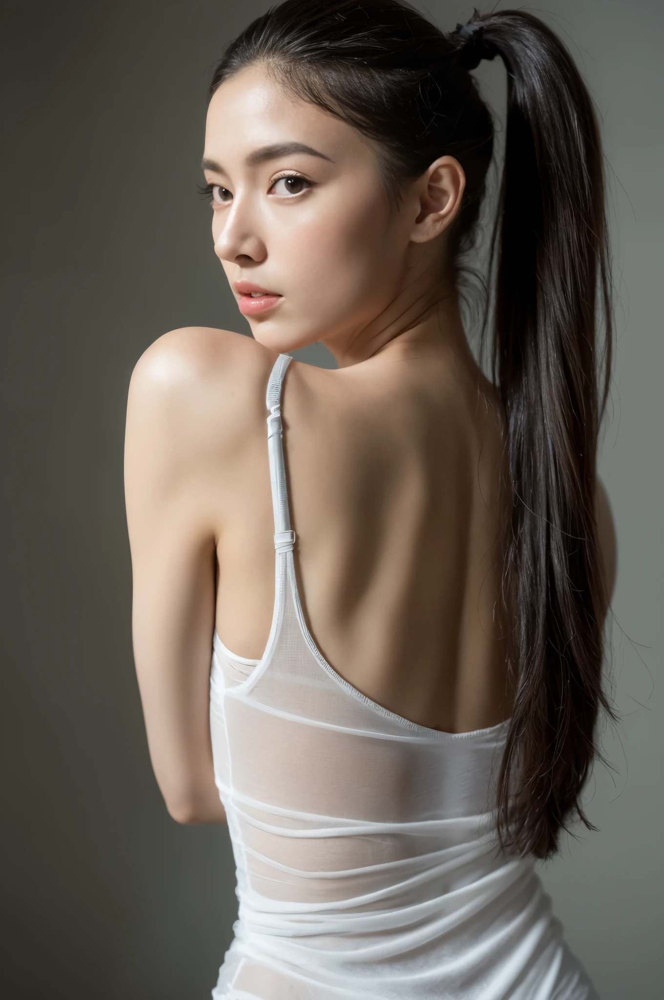 ( (8K:1.27), highest quality, masterpiece, ultra high resolution:1.2) beautiful chinese woman in photo (beauty:1.1) (Yoga Wear:1.21) Greg Rutkowski and Alphonse Mucha design intricate elegance, fantasy, detailed, geometry, gradient lighting, 1 girl, delicate skin, looking at the viewer, brown eyes, (high ponytail: 1.2), (medium breasts: 1.0), (medium areola: 0.8), (realistic:1.4), (highest quality:1.0), (ultra high resolution:1.0), 8K, RAW photo, (masterpiece:0.2), (Pueros face_v1:0.5)