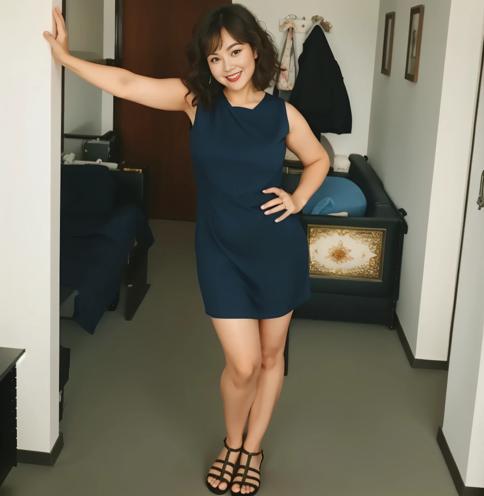 There is a woman in a dark blue dress posing for a photo, usando um vestido azul, ela tem cerca de 30 anos, Usando um vestido azul escuro, usando um vestido azul escuro justo, um vestido de coquetel, usando um vestido maravilhoso. Uma mulher com pele branca e cabelos escuros. Ela tem trinta anos. Seu vermelho, slightly plump lips are like a delicate flower, e ela grande, olhos encantadores parecem conter um mundo de maravilhas. Ela tem 30 anos. Ela tem 162cm de altura, o corpo dela pesa 56 kg. Your body exudes glamor and your face is the definition of beauty. pernas bem torneadas. Altamente realista, pele avermelhada, beautiful lips, sorriso, feeling of lightness and joy, hiperrealismo, pele muito elaborada, olhar direto, trabalho de arte, Foto de alta qualidade, high resolution, 8k.