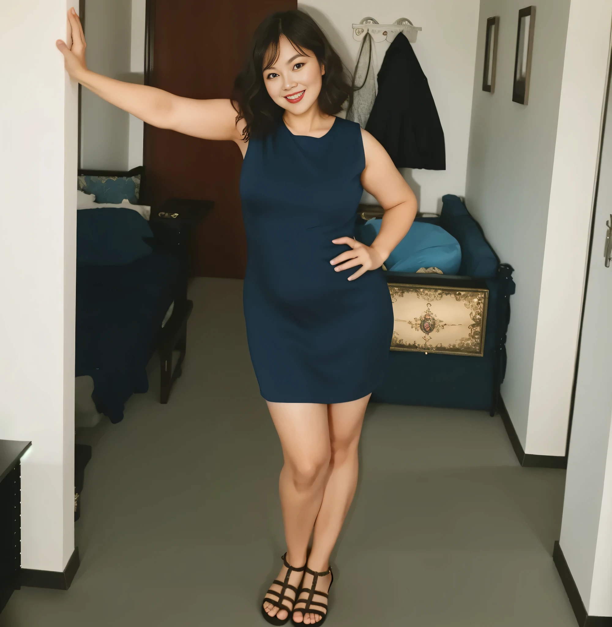 There is a woman in a dark blue dress posing for a photo, usando um vestido azul, ela tem cerca de 30 anos, Usando um vestido azul escuro, usando um vestido azul escuro justo, um vestido de coquetel, usando um vestido maravilhoso. Uma mulher com pele branca e cabelos escuros. Ela tem trinta anos. Seu vermelho, slightly plump lips are like a delicate flower, e ela grande, olhos encantadores parecem conter um mundo de maravilhas. Ela tem 30 anos. Ela tem 162cm de altura, o corpo dela pesa 56 kg. Your body exudes glamor and your face is the definition of beauty. pernas bem torneadas. Altamente realista, pele avermelhada, beautiful lips, sorriso, feeling of lightness and joy, hiperrealismo, pele muito elaborada, olhar direto, trabalho de arte, Foto de alta qualidade, high resolution, 8k.