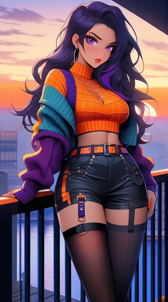(masterpiece), high-definition, vibrant colors, girl, big boobs, big hips, pouty lips, messy dark purple hair, orange eyes, crop top sweater, jacket, shorts, belt, thong, thigh high stockings, boots, fishnet, balcony, leaning on the railing, sunset