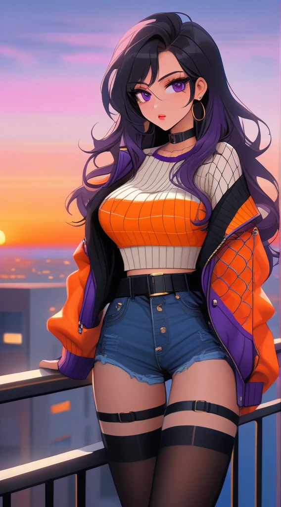 (masterpiece), high-definition, vibrant colors, girl, big boobs, big hips, pouty lips, messy dark purple hair, orange eyes, crop top sweater, jacket, shorts, belt, thong, thigh high stockings, boots, fishnet, balcony, leaning on the railing, sunset