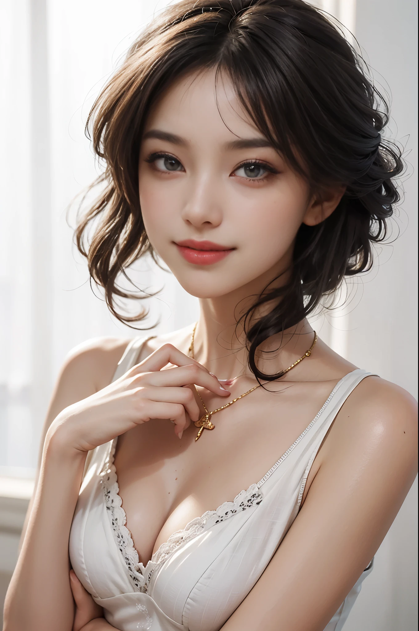 (top quality, 8k, masterpiece: 1.3), beautiful woman with perfect body: 1.4, dark brown hair, Wear a pendant, Highly detailed face and skin, delicate eyes, double eyelids, best quality, masterpiece, (lifelike: 1.4), a woman, golden ratio, perfect face, slim body, pretty face, 不同角度的Smile, Smile, Gloss, emphasize, Gloss, Bangs, Smile, teeth, Refreshing charm, elegant, perfect hands, Smile, shining, Gaze at the camera, Poses from various angles, masterpiece, best quality, (fidelity, fidelity: 1.37), 8k, very delicate and beautiful, amazing, Exquisite details, ridiculous, File size is huge, Very detailed, beautiful and delicate woman, Very detailed eyes and face, 美丽delicate eyes, transparent double, big eyes, There is light on the face, a woman, (perfect female figure), thin waist, Feminine Expressions, Smile着, overwhelming charm, White background, light background, Gloss on skin, Gloss on face, Gloss on chest, Very thin arms, Very good hands