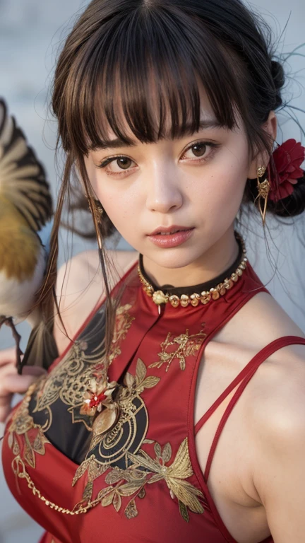a close up of a woman in a red dress with a bird on her shoulder, chinesse dress, big boobs, realistic