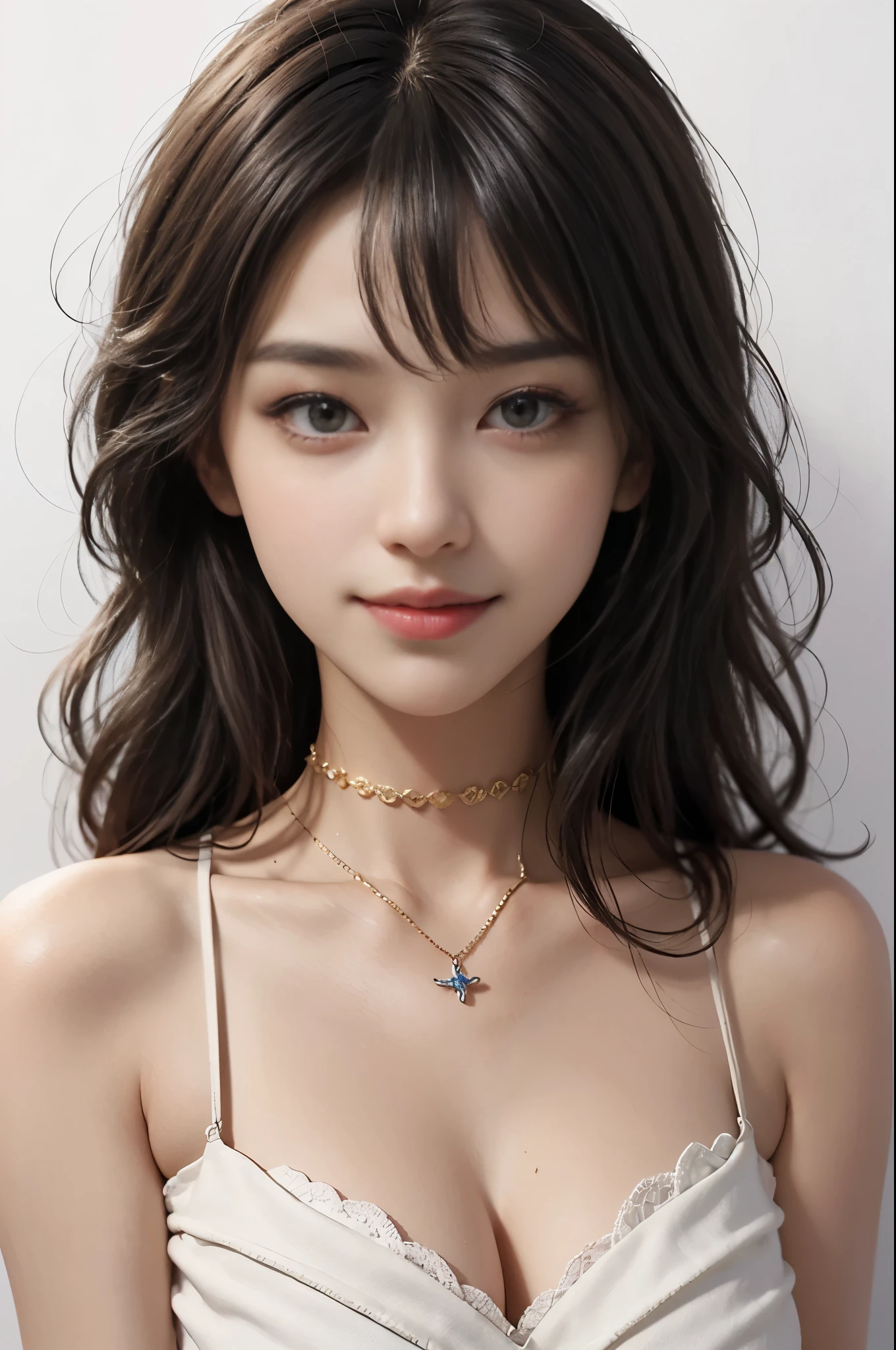 (top quality, 8k, masterpiece: 1.3), beautiful woman with perfect body: 1.4, dark brown hair, Wear a pendant, Highly detailed face and skin, delicate eyes, double eyelids, best quality, masterpiece, (lifelike: 1.4), a woman, golden ratio, perfect face, slim body, pretty face, 不同角度的Smile, Smile, Gloss, emphasize, Gloss, Bangs, Smile, teeth, Refreshing charm, elegant, perfect hands, Smile, shining, Gaze at the camera, Poses from various angles, masterpiece, best quality, (fidelity, fidelity: 1.37), 8k, very delicate and beautiful, amazing, Exquisite details, ridiculous, File size is huge, Very detailed, beautiful and delicate woman, Very detailed eyes and face, 美丽delicate eyes, transparent double, big eyes, There is light on the face, a woman, (perfect female figure), thin waist, Feminine Expressions, Smile着, overwhelming charm, White background, light background, Gloss on skin, Gloss on face, Gloss on chest, Very thin arms, Very good hands