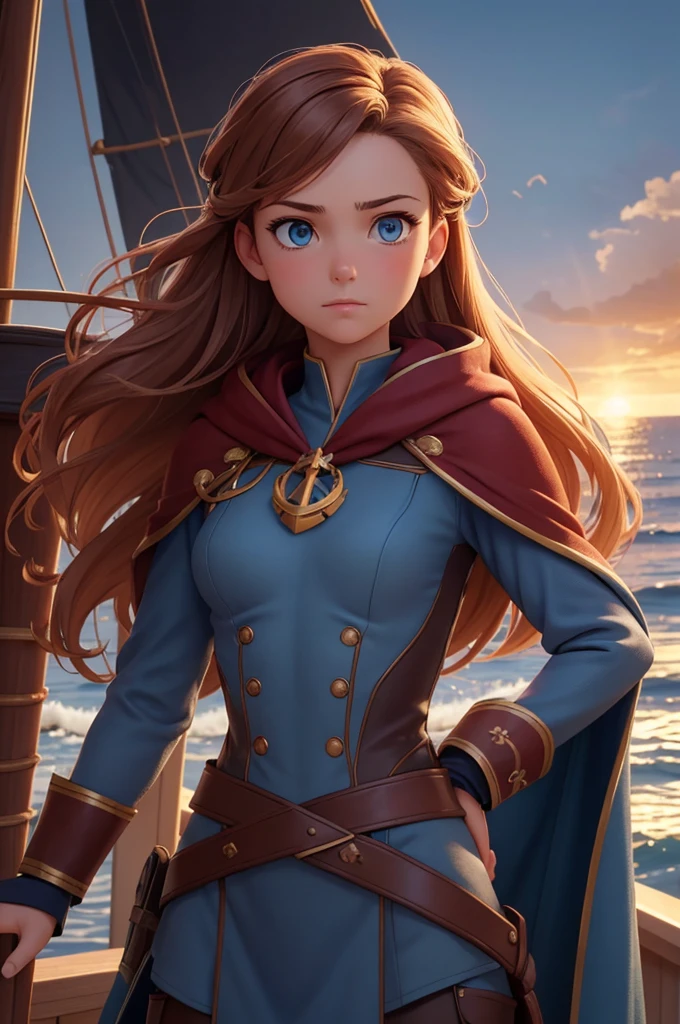 (small breasts:1.2),(masterpiece, highest quality:1.2),(beautiful, perfection, delicate, Complex:1.1),1 girl,adult women,light blue eyes,copper half up half down hairstyle,alone,Upper body,look down,detailed background,captain,Severe,dark red captain uniform,elegant cloak,the captain has,decoration,dynamic pose,on the deck of the ship,anchor,dawn,dramatic lighting,spectacular atmosphere,waves on the horizon,