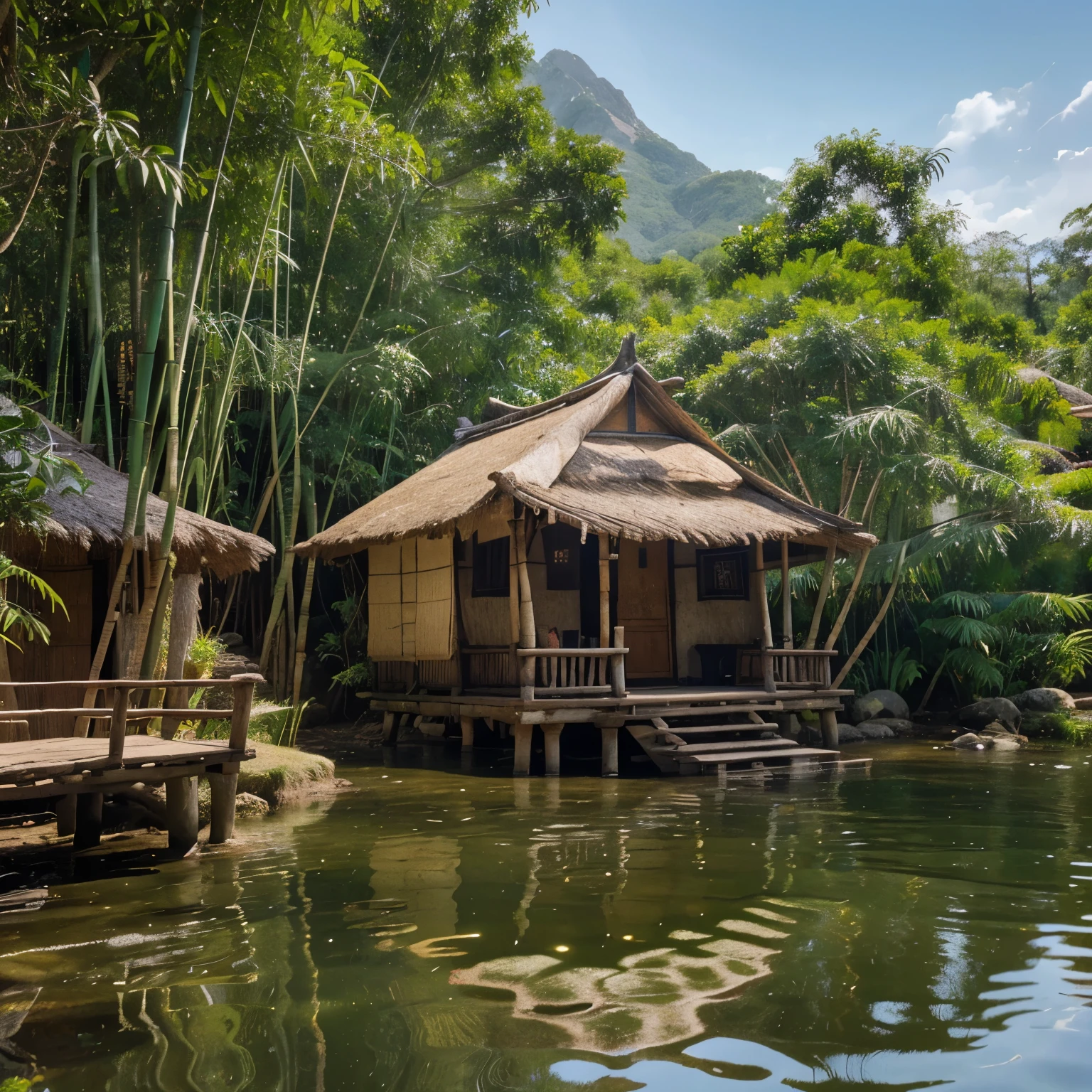"Generate an ultra-realistic image of a small bamboo hut nestled beside a serene lake in an Indian village jungle. Showcase intricate details, including a path formed with big stones, capturing the natural beauty and simplicity of the setting. Avoid mountainous features, focusing on a true-to-life representation of the tranquil village environment." No mountain, omit mountain
