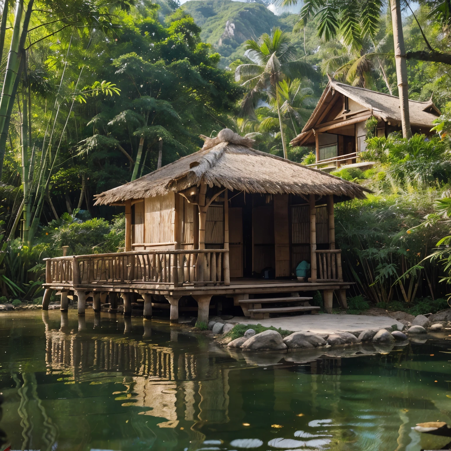 "Generate an ultra-realistic image of a small bamboo hut nestled beside a serene lake in an Indian village jungle. Showcase intricate details, including a path formed with big stones, capturing the natural beauty and simplicity of the setting. Avoid mountainous features, focusing on a true-to-life representation of the tranquil village environment." No mountain, omit mountain 
