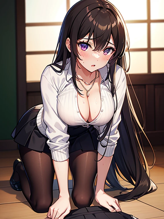 (crawl on all fours), (((highest quality))), 1 girl, brown hair, sweater, Jacket, huge breasts, purple eyes, long hair, Default Skin, skirt, pantyhose, Japanese, necklace, sitting, thick thighs, adult woman, erotic woman, blush, embarrassing, open your mouth a little, narrow your eyes, Extreme clothing, sweating, I can see through my clothes,