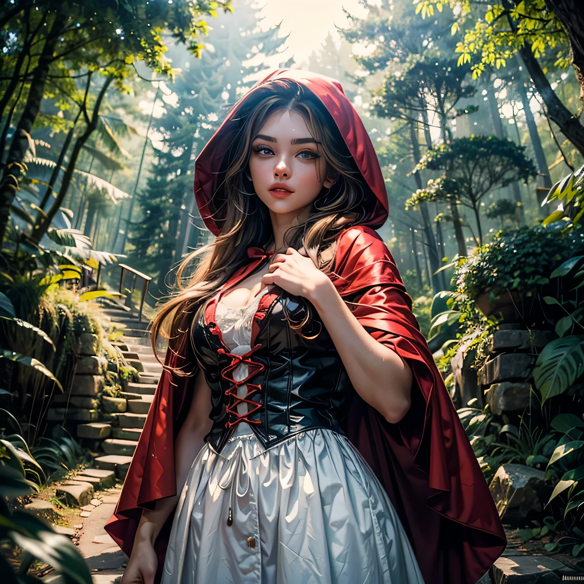 Fantasy, Nordic girl. She is in the background. She has beautiful white bunny ears. Her hair is tied up in a loose bun. She is an 18 year old girl. Looking up from below ((Western fairy tale, standing, beautiful body, perfect body, (Little Red Riding Hood), red poncho, pose, black skirt)), beautiful silhouette, orgasm, masterpiece, high image quality, digital SLR, super high resolution, sharp Focus, tack sharp, depth of field, film grain, Fujifilm XT3, crystal clear, 8K UHD, high resolution, (((light blue eyes, fine skin, pores, seductive, looks, beautiful long hair, brown eyes , plump lips , freshness, beautiful face, round face, sagging eyes, parallel eyebrows, enchanting real woman))), (((beautiful forest, morning sun, grow))))))) Real wonderful color , genuine