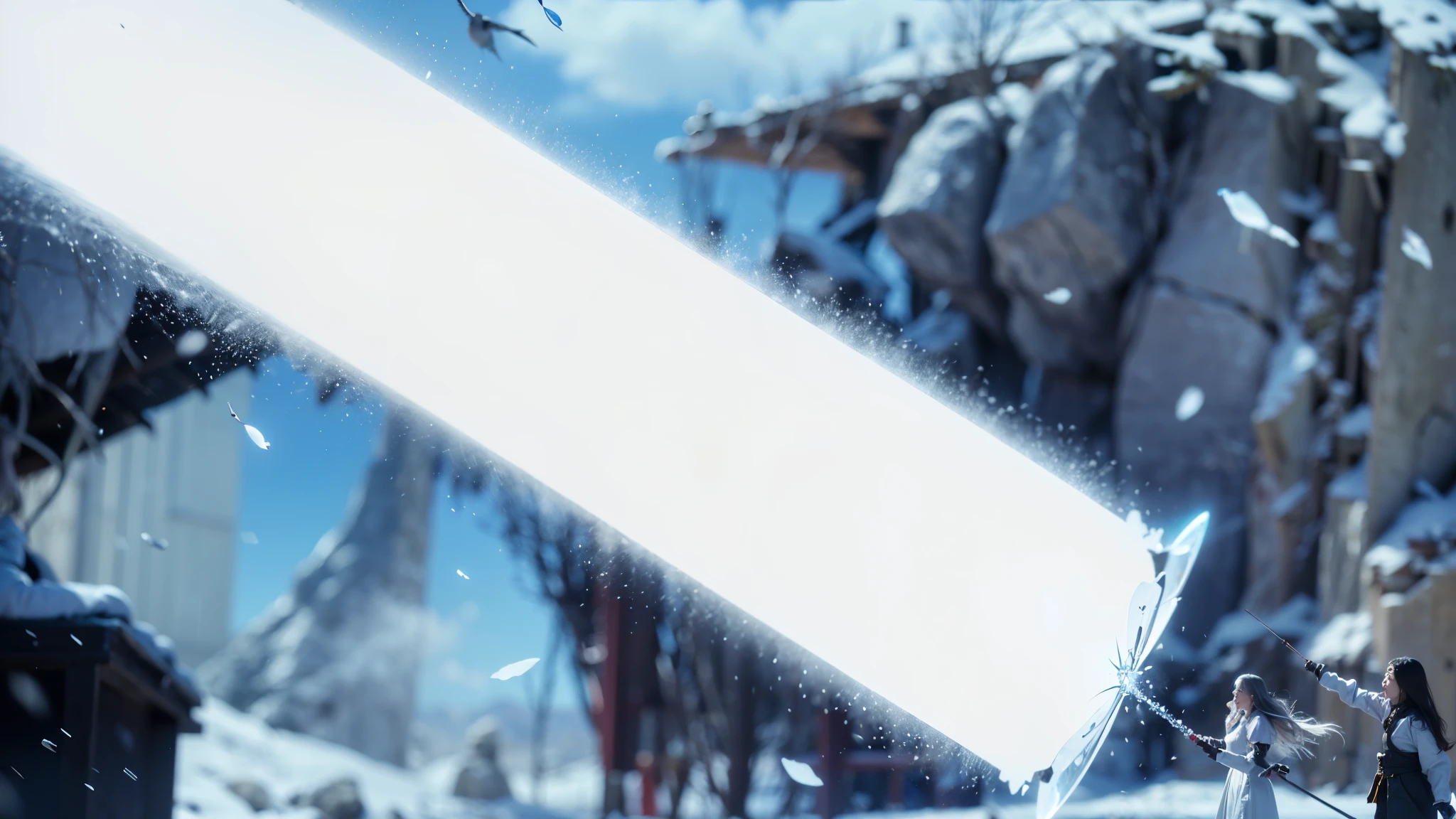 (high quality,4K,8K,High resolution,masterpiece:1.2),super detailed,(realistic,photorealistic,photo-realistic:1.37)、Magic Attacks、２peopleの魔法使い、female２people、Silver hair、snowfield、rocky place