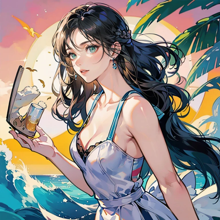 Tall brunette, handsome and sensual, dark skin, defined body, black hair, green eyes, on a surfboard, surfing a giant wave on the beach. ((high resolution)) ((better graphics)) ((hyper realistic)) ((well defined eyes and body)) ((well defined hair)) ((oily skin))