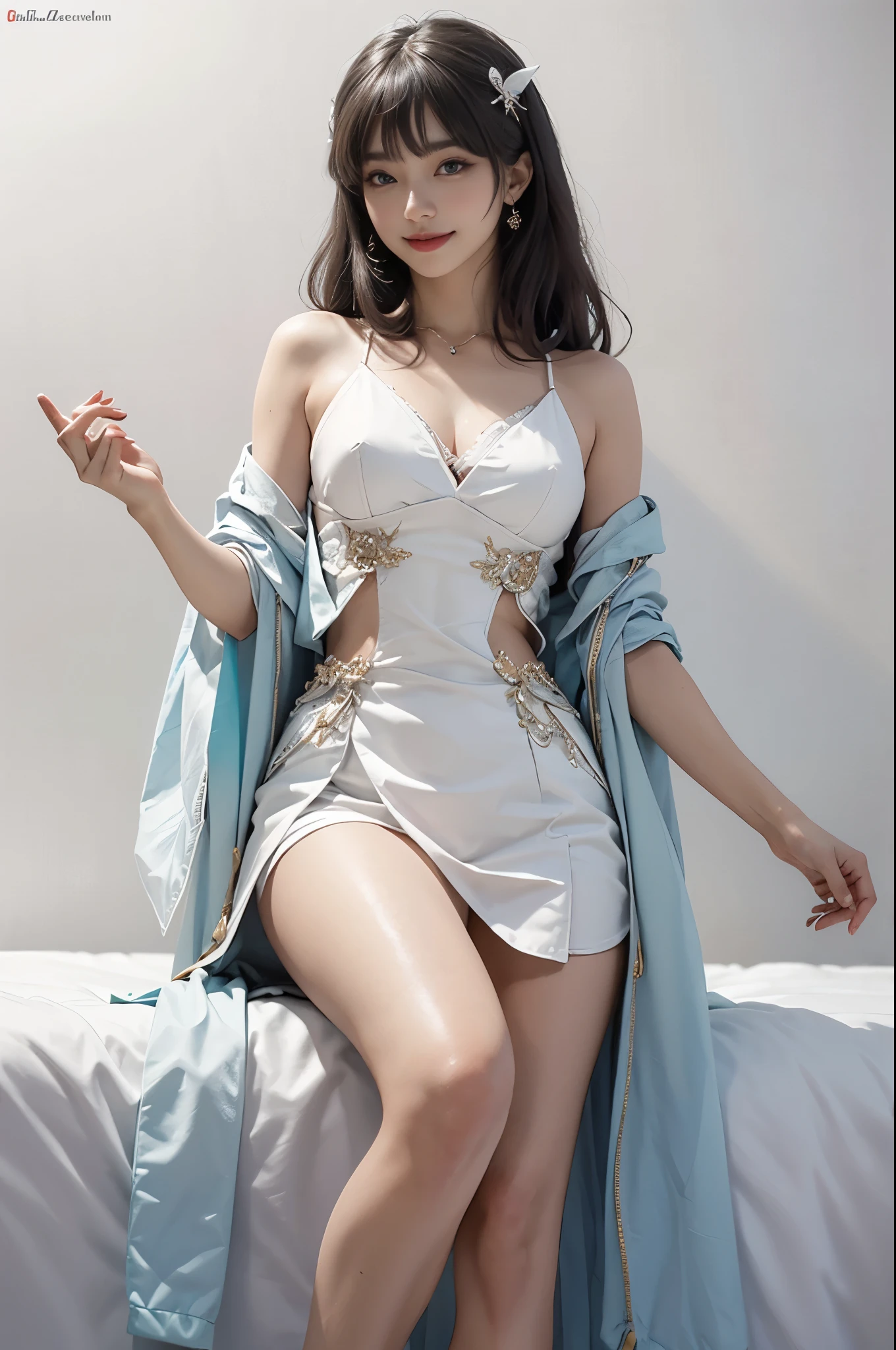 ((knee shot)), beautiful legs, slender legs, Prop your hands on the bed, Recline your body, ((from below)), (top quality, 8k, masterpiece: 1.3), beautiful woman with perfect body: 1.4, dark brown hair, Wear a pendant, Highly detailed face and skin, delicate eyes, double eyelids, best quality, masterpiece, (lifelike: 1.4), a woman, golden ratio, perfect face, slim body, pretty face, 不同角度的Smile, Smile, Gloss, emphasize, Gloss, Bangs, Smile, teeth, Refreshing charm, elegant, perfect hands, Smile, shining, Gaze at the camera, Poses from various angles, masterpiece, best quality, (fidelity, fidelity: 1.37), 8k, very delicate and beautiful, amazing, Exquisite details, ridiculous, File size is huge, Very detailed, beautiful and delicate woman, Very detailed eyes and face, 美丽delicate eyes, transparent double, big eyes, There is light on the face, a woman, (perfect female figure), thin waist, Feminine Expressions, Smile着, overwhelming charm, White background, light background, Gloss on skin, Gloss on face, Gloss on chest
