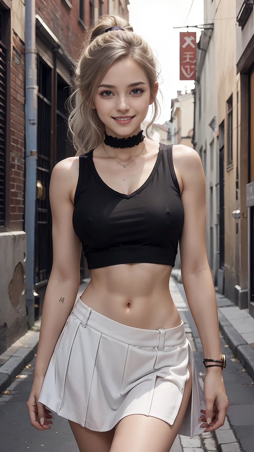 22 year old white female、Hair color is a gradation of brown and purple、eye color is blue、long hair、setting hair、Have a ponytail、accessories on wrist、I'm wearing a choker、skin is smooth、smile、Slender but muscular body、My heart is pounding、My abs are cracked、I can see my bellybutton、high resolution、Skin is shiny、Wearing tops that are cut short below the bust or above the waist、Wearing a flared skirt、wearing high heels、I'm in an alley in the old town、smile