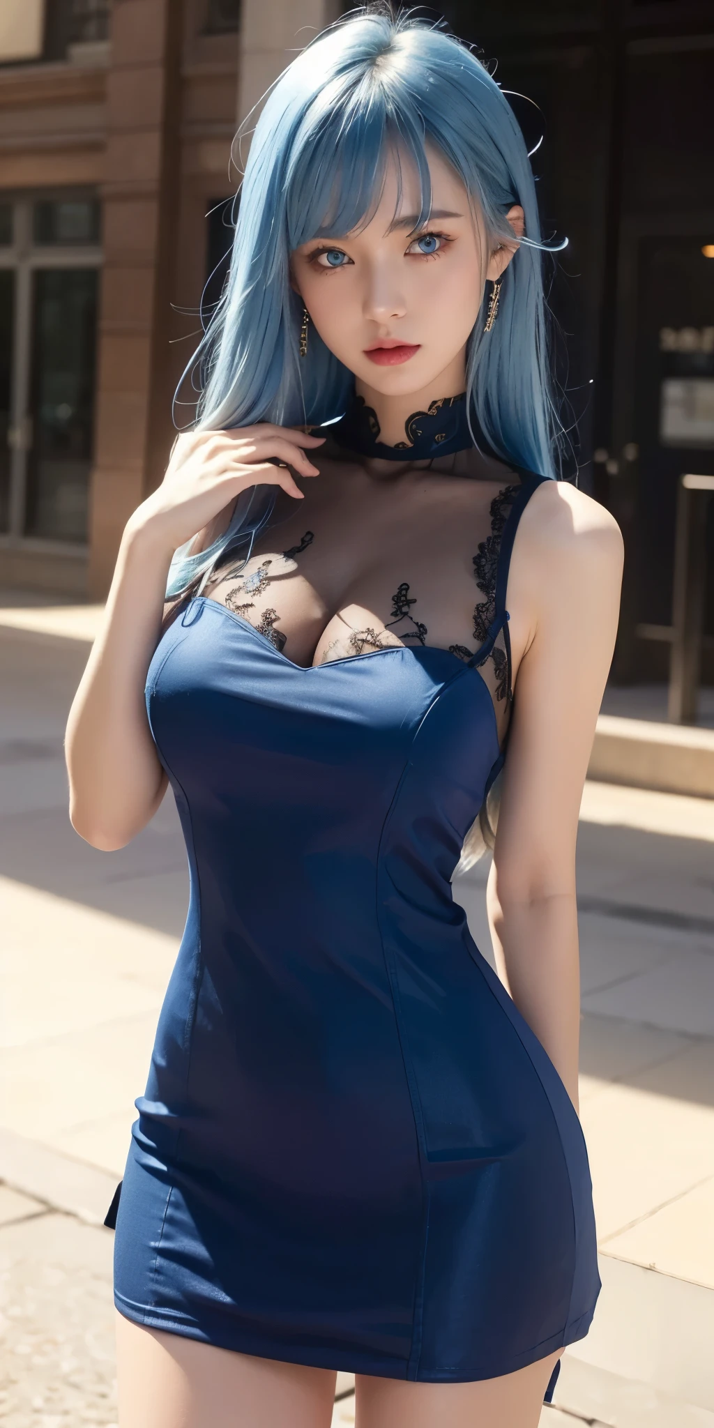 1girl, medium breast , blue hair, blue eyes,high quality, ultra detailed, masterpiece, realistic, yellow dress,bang, long hair 