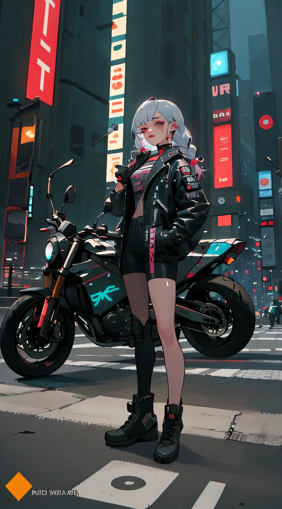 masterpiece, best quality, Confident cyberpunk 2077 girl, full body shot, ((standing in front of motorcycle)), Harajuku-inspired pop outfit, bold colors and patterns, eye-catching accessories, trendy and innovative silver long hairstyle, vibrant makeup, Cyberpunk dazzling cityscape, skyscrapers, neon signs, LED lights, bright and vivid color scheme, anime, illustration, detailed skin texture, detailed cloth texture, beautiful detailed face, intricate details, ultra detailed.