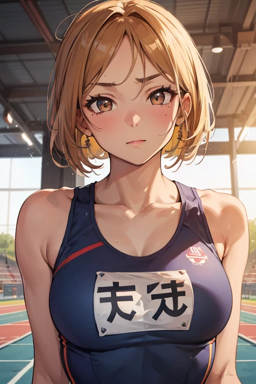 1 Beautiful ,dynamic angle,girl track and field athlete,small head,big breasts,meaty, at track and field ,(detailed beautiful face:1.4),detailed skin、emphasize the chest、big breasts