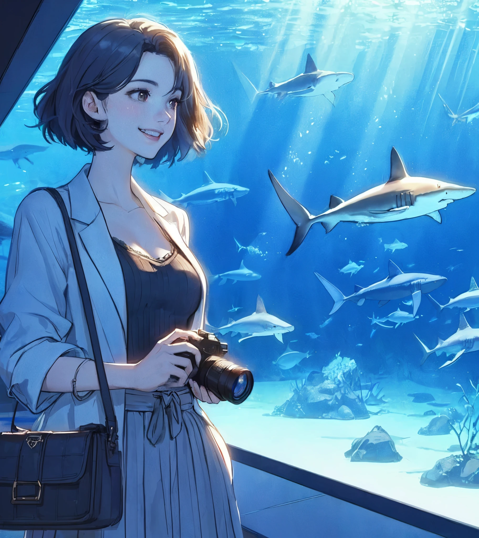 1lady standing, (watching hammerhead sharks in the tank), (holding a camera), (stylish outfit), mature female, /(black hair/) bangs, blush joyful smile (eyes sparkling with joy), (masterpiece best quality:1.2) delicate illustration ultra-detailed, large breasts BREAK (realistic hammerhead sharks), (lighting from ceiling) BREAK aquarium (dimly lit room) indoors, (massive tank)