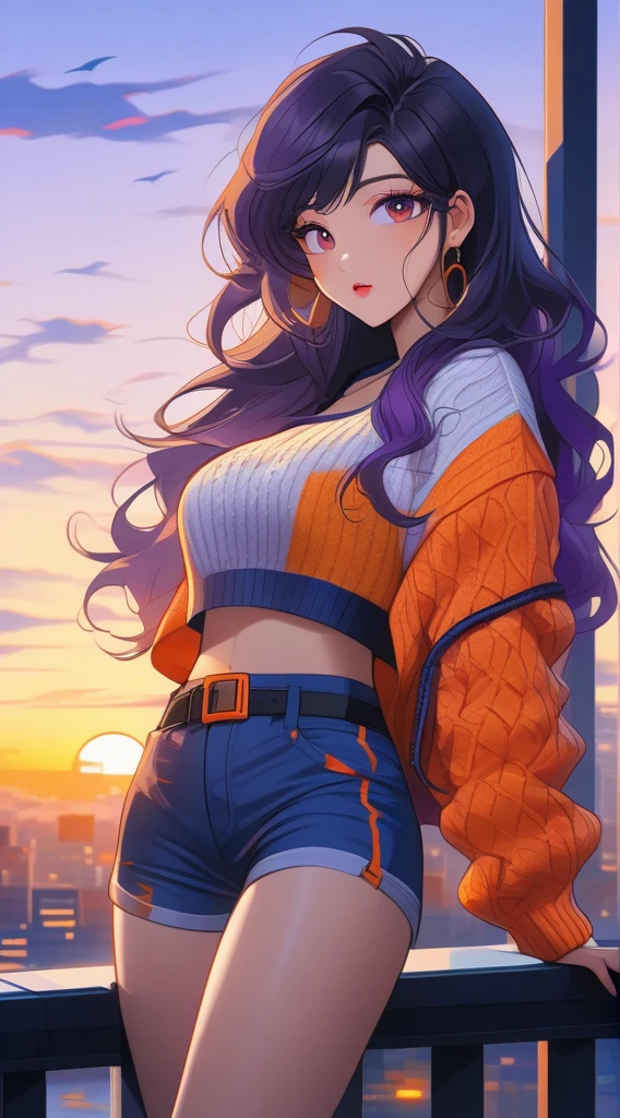 (masterpiece), high-definition, vibrant colors, korean girl, big boobs, big hips, messy dark purple hair, orange eyes, crop top sweater, jacket, shorts, belt, thong, thigh high stockings, boots, fishnet, balcony, leaning on the railing, sunset