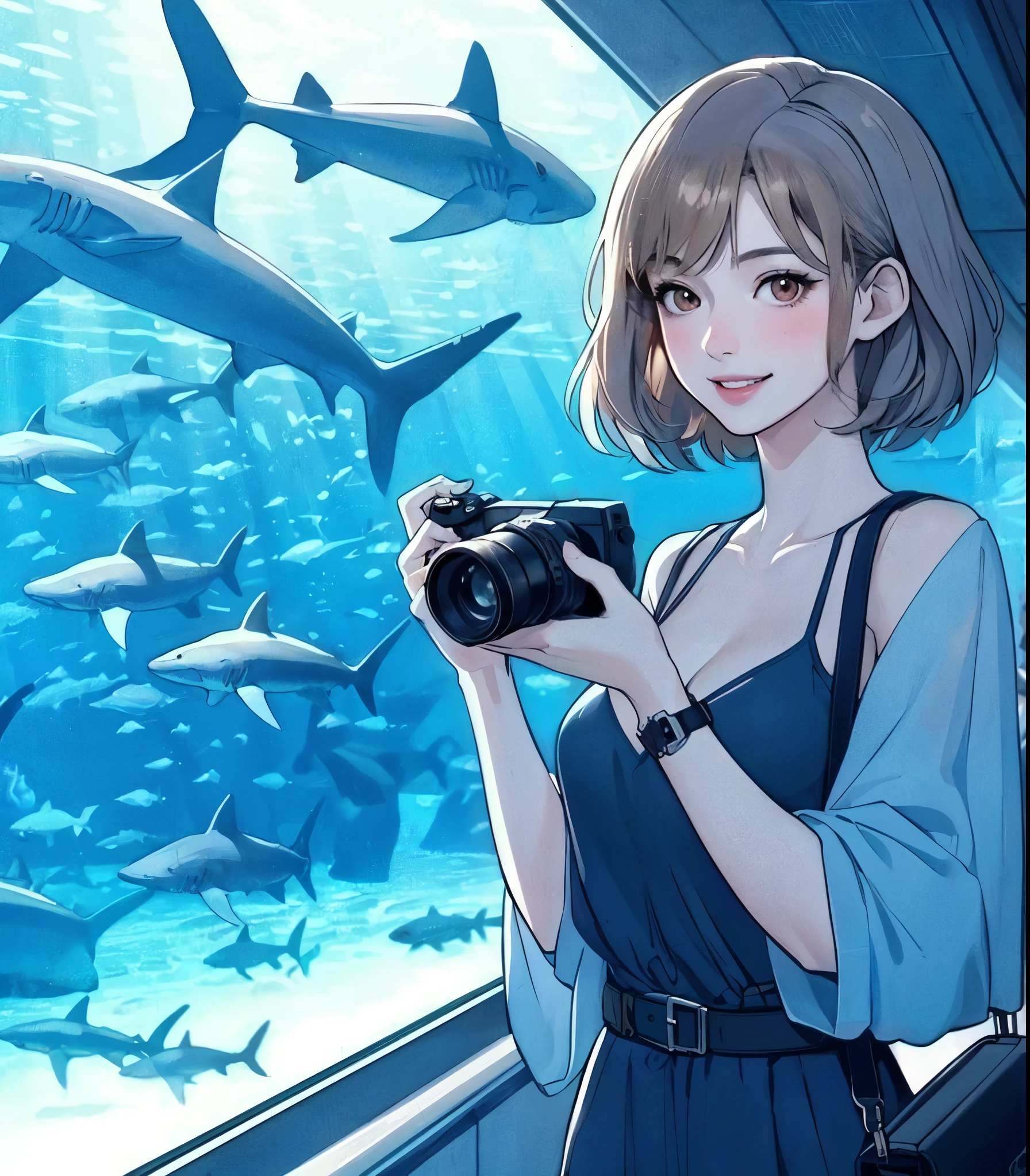 1lady standing, (watching hammerhead sharks in the tank), (holding a camera), (stylish outfit), mature female, /(light brown hair/) bangs, blush joyful smile (eyes sparkling with joy), (masterpiece best quality:1.2) delicate illustration ultra-detailed, large breasts BREAK (realistic hammerhead sharks), (lighting from ceiling) BREAK aquarium (dimly lit room) indoors, (massive tank)