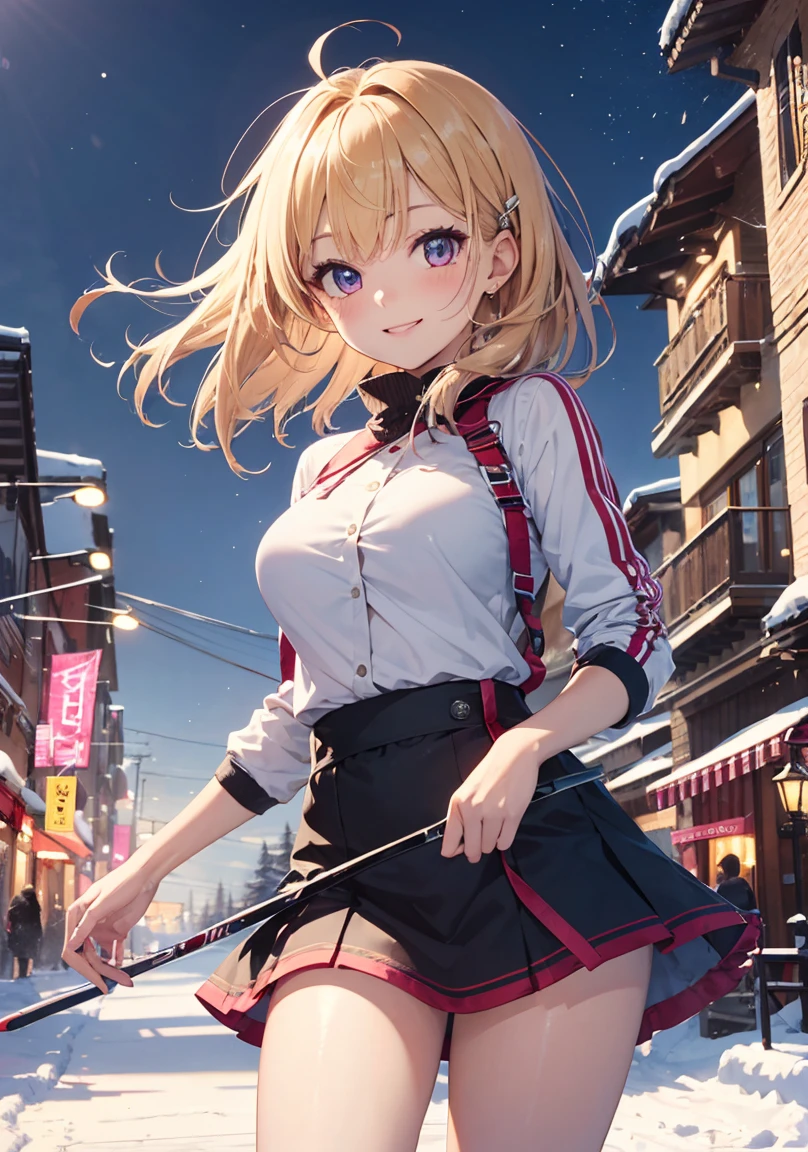 masterpiece, absurdres, best quality, ultra detailed, high Resolution, detailed illustration, extremely beautiful detailed face and eyes, bright colour, 1girl, (loli), cute face, Delicate beautiful face, magenta eyes, cute eyes, sparkling eyes, big eyes, medium breasts, (perky breasts:1.1), (pointy breasts:1.1), medium hips, glamorous body, white skin, Smile, BREAK, long bob cut, (blonde hair:0.8), messy hair, detailed hair, shiny hair, BREAK skiing wear, tiny ribbon, Ski resort, ski slope, winter, playing ski, real world, natural lights, perfect lighting,