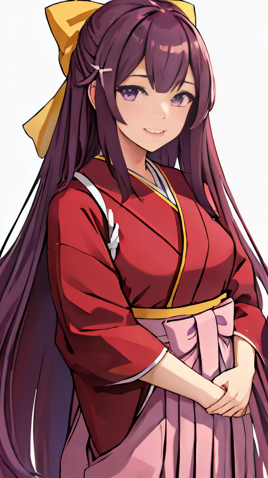 best quality, masterpiece, highres, solo, {kamikaze_kantaicollection:1.15}, long_hair, purple_hair, bow, hair_bow, purple_eyes, yellow_bow, hakama, pink_hakama, smile, tasuki Very Fine Eyes Very Fine Face、Insanely detailed body、Extremely fine skin, very elaborate hair ornament, Precisely shaped body and hands