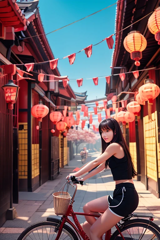 a girl rides a bicycle, dolphin shorts, a group of red lanterns sitting in front of a tall building, inspired by Torii Kiyomasu, pixiv, conceptual art, unreal engine ; romantic theme, sakura season dynamic lighting, close up of iwakura lain, mysterious temple setting