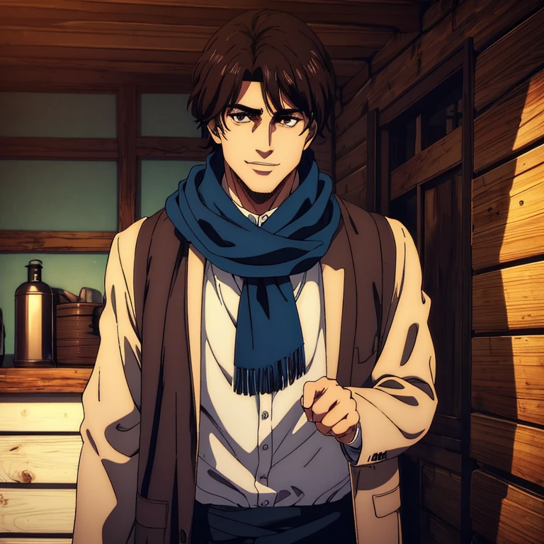 (best quality,4k,,masterpiece:1.2),ultra-detailed,realistic,photorealistic:1.37,male character,brown eyes,black medium  hair,blue scarf,sharp jawline, he is smiling, behind him a small cabin,  he is attractive and handsome 