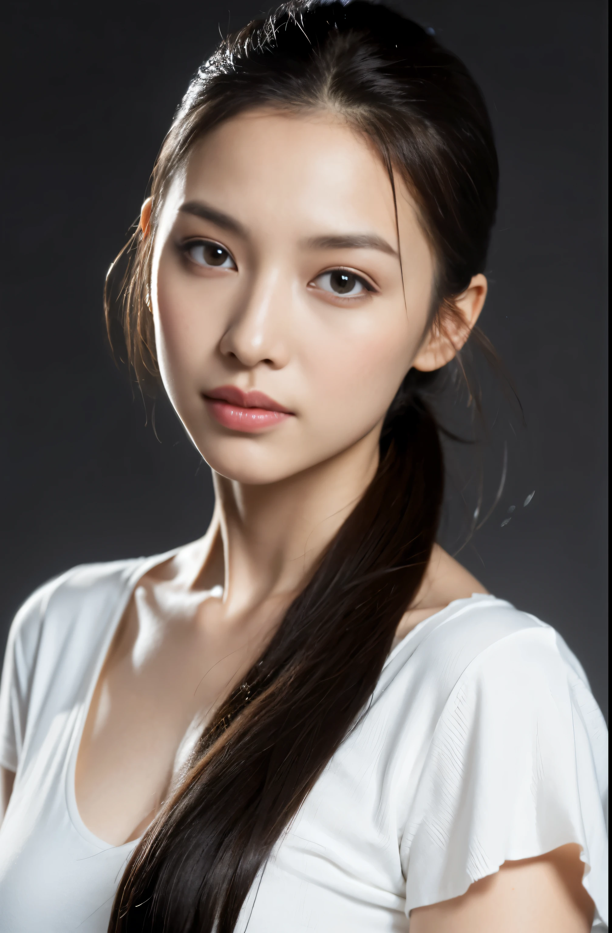 ( (8K:1.27), highest quality, masterpiece, ultra high resolution:1.2) beautiful chinese woman in photo (beauty:1.1) (black:1.21) Greg Rutkowski and Alphonse Mucha design intricate elegance, fantasy, be familiar with, geometry, gradient lighting, 1 girl, delicate skin, looking at the viewer, brown eyes, (high ponytail: 1.2), (Medium chest: 1.0), (medium areola: 0.8), (realistic: 1.4), (highest quality: 1.0), (ultra high resolution: 1.0), 8K, RAW photo, (masterpiece: 0.2), (face to face with the children_v1:0.5), Female Secretary