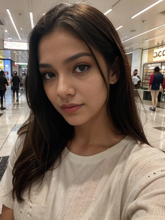 Foto de uma mulher morena de 20 anos, que tem um rosto muito natural,  labios finos, olhos finos, sobrancelhas finas, nariz fino, brincos, long eyelashes. Ela faz uma selfie fofa em shopping  em Rio de Janeiro na rua,  andando e olhando para o espectador de corpo inteiro ,  com roupas vermelha 